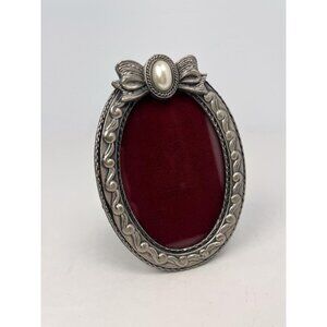 Mini 4" oval pewter picture frame - with ribbon, bow, and faux pearl
